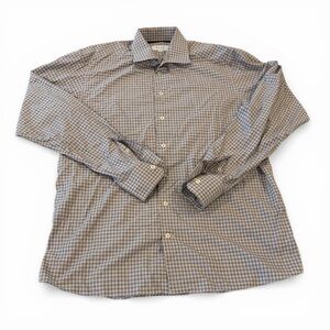 Eton Dress Shirt Men XL 43/17 Navy Tan White Check Fine Twill Cotton Button Up